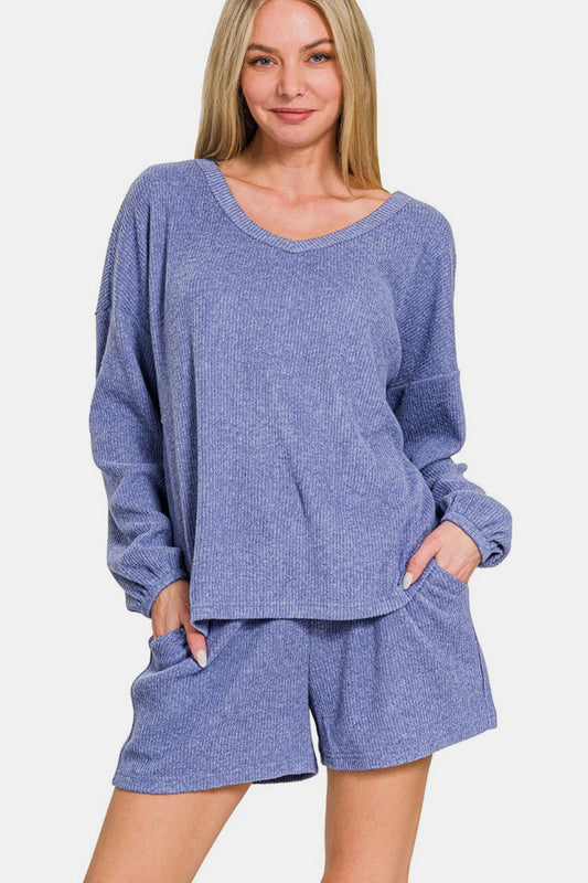 Zenana V-Neck Long Sleeve Ribbed Top and Shorts Set tt