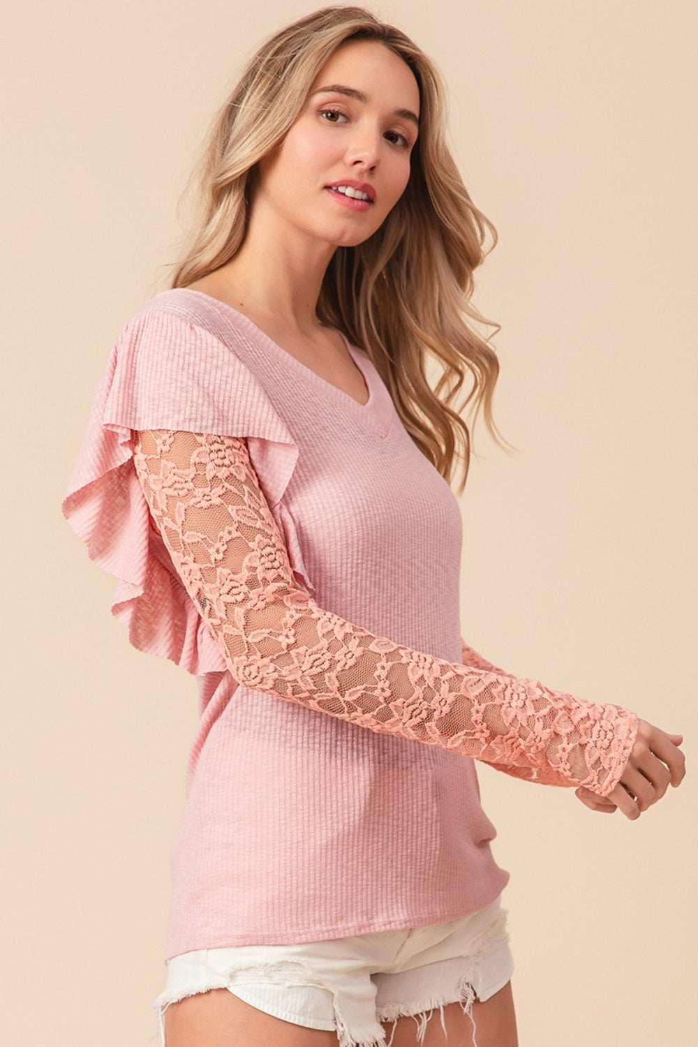 BiBi Ruffled Lace Sleeve Rib Knit Top tt