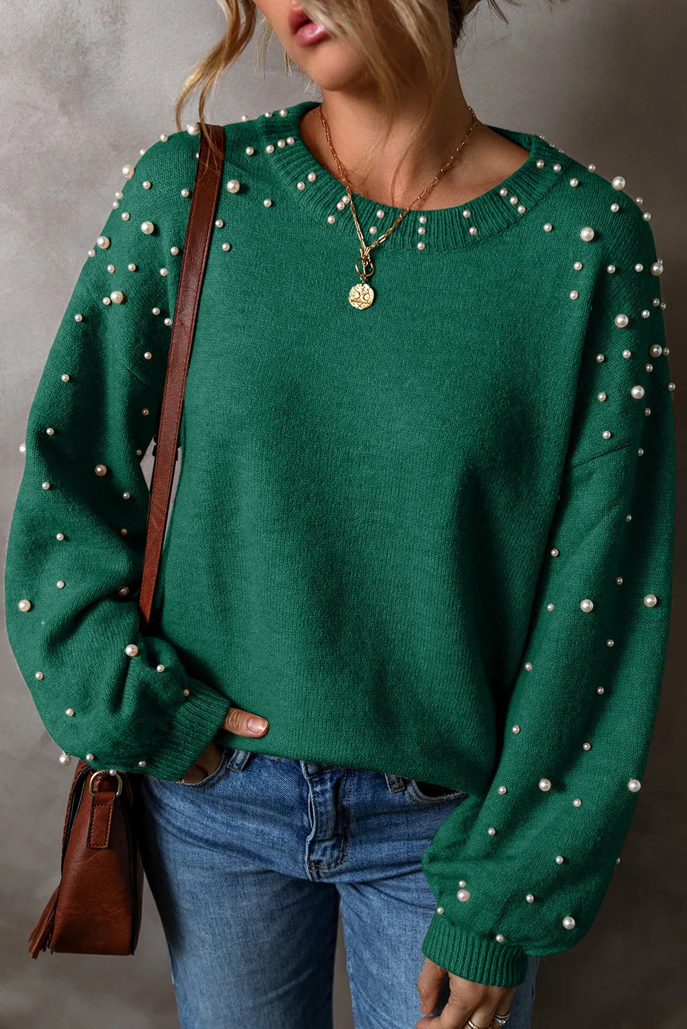 Pearl Detail Round Neck Long Sleeve Sweater Dark Green nt