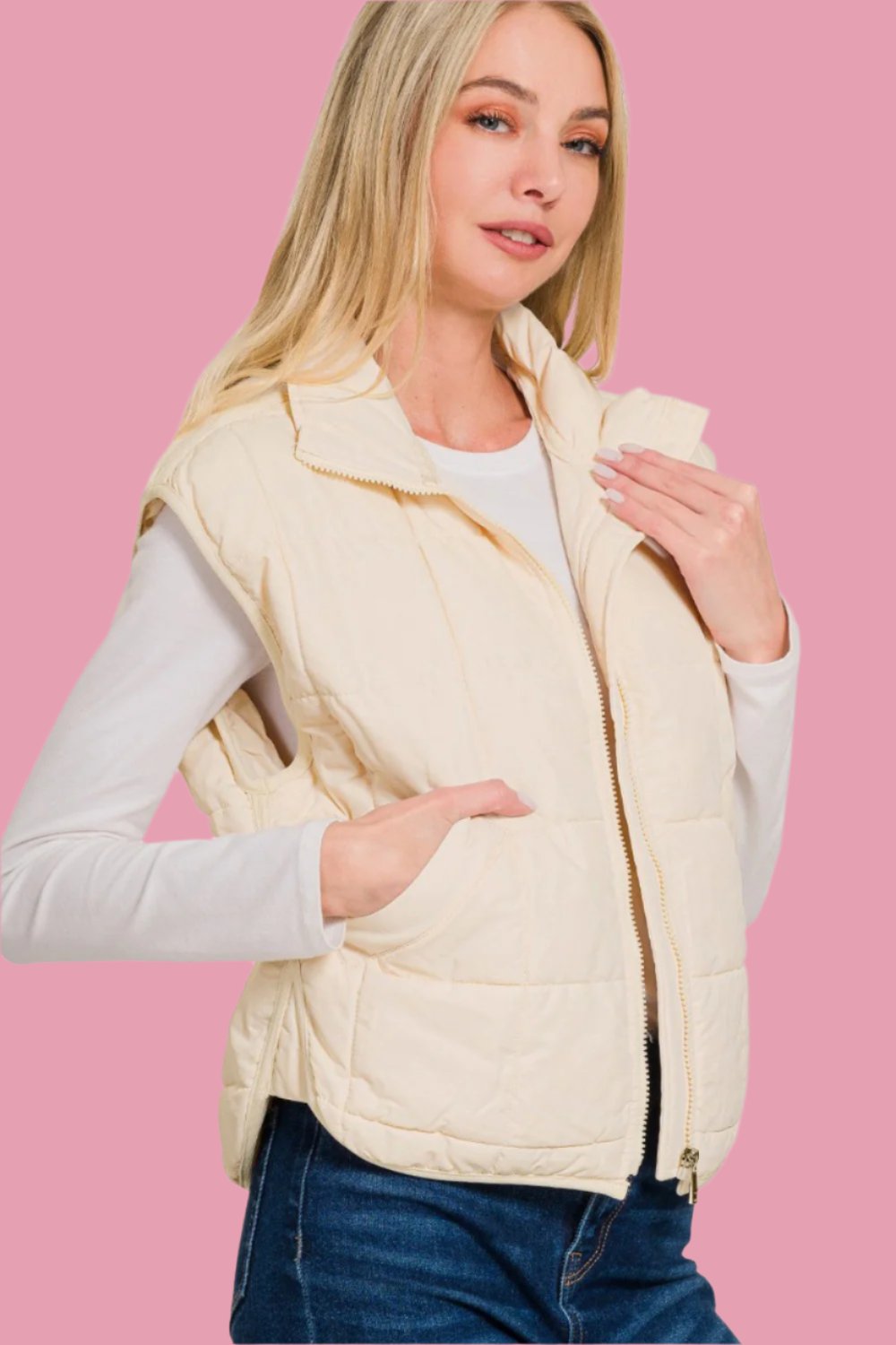 Zenana Zip Up Cropped Puffer Vest with Pockets tt