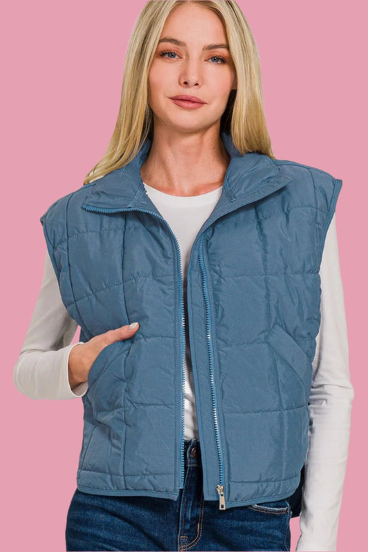 Zenana Zip Up Cropped Puffer Vest with Pockets tt