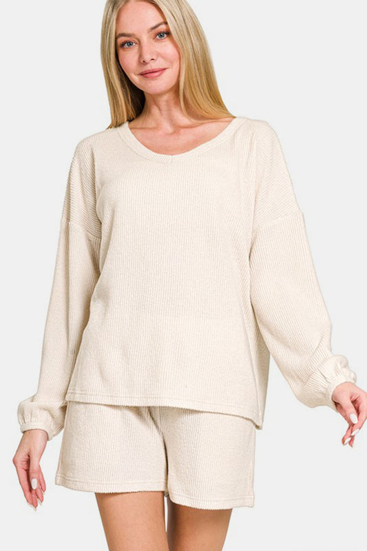 Zenana V-Neck Long Sleeve Ribbed Top and Shorts Set tt