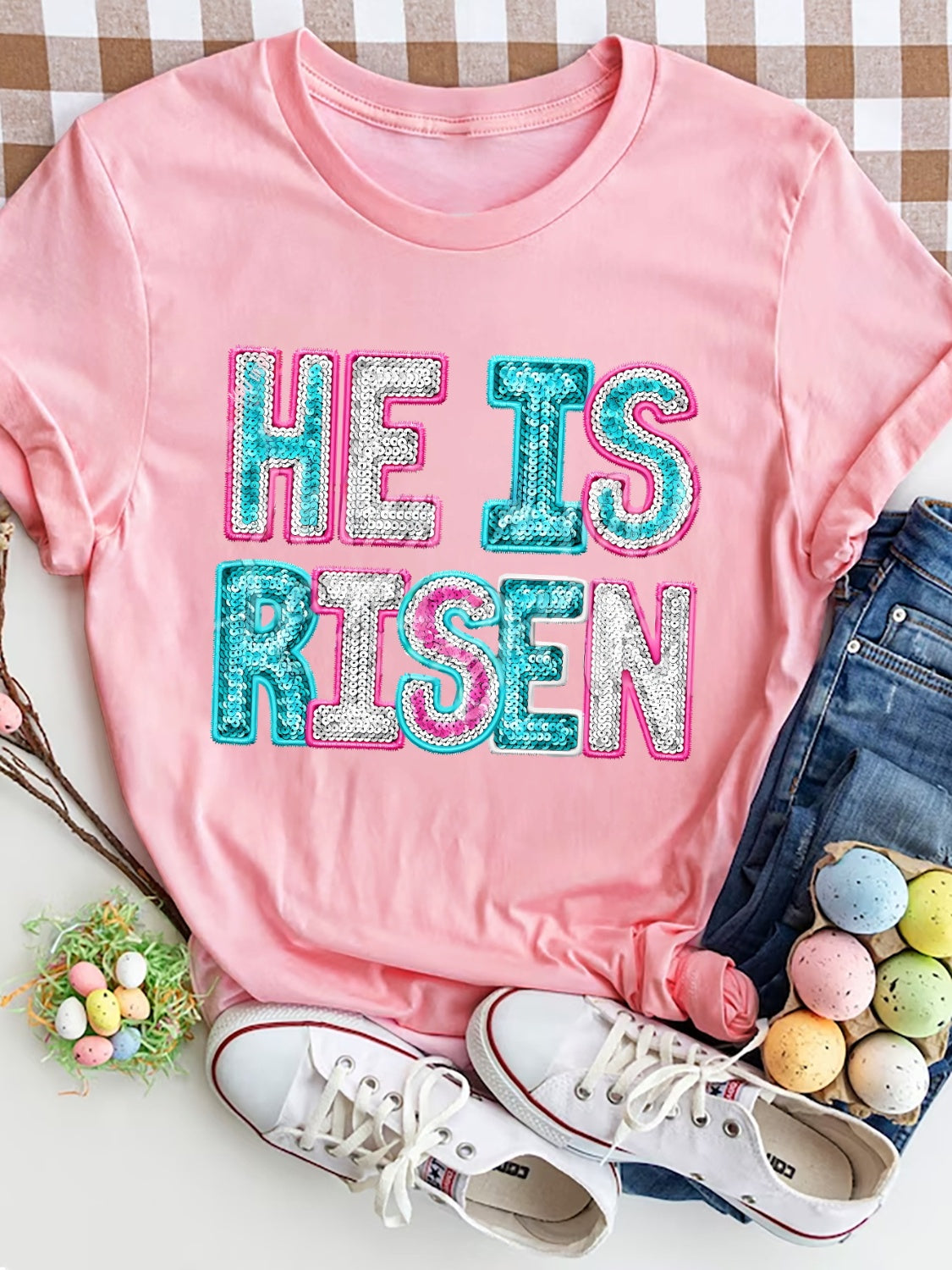 He Is Risen   Sequin Round Neck T-Shirt nt