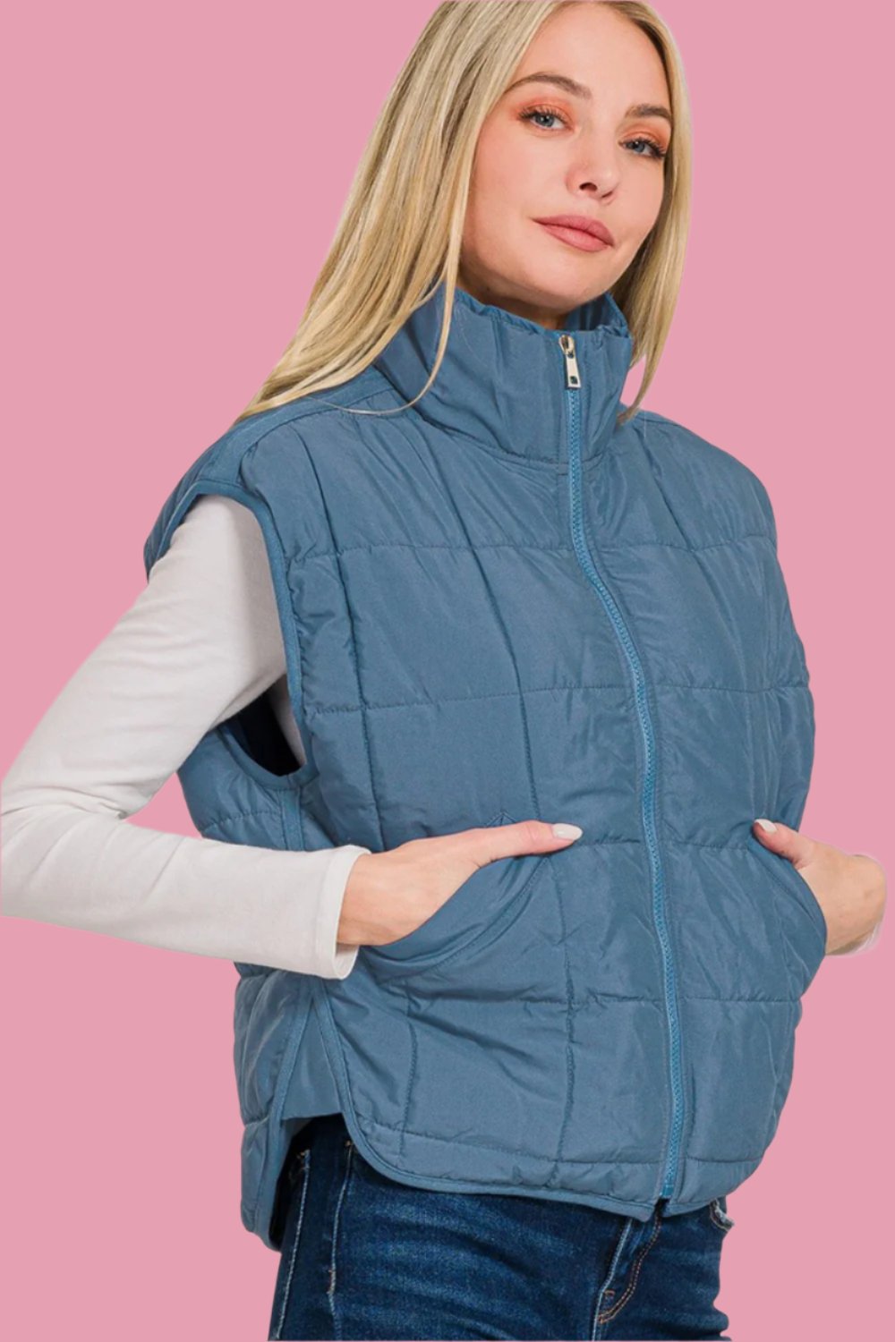 Zenana Zip Up Cropped Puffer Vest with Pockets tt