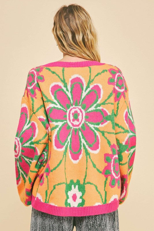 Davi & Dani Floral Contrast V-Neck Dropped Shoulder Sweater tt