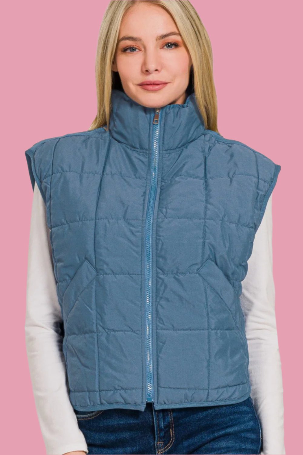 Zenana Zip Up Cropped Puffer Vest with Pockets tt