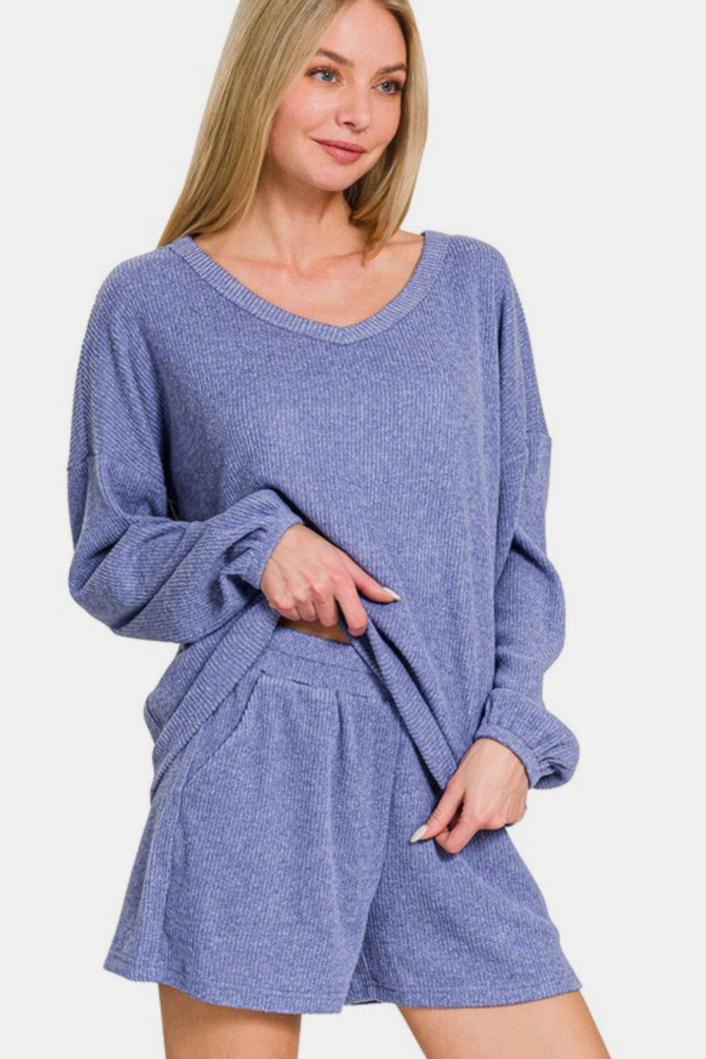 Zenana V-Neck Long Sleeve Ribbed Top and Shorts Set tt