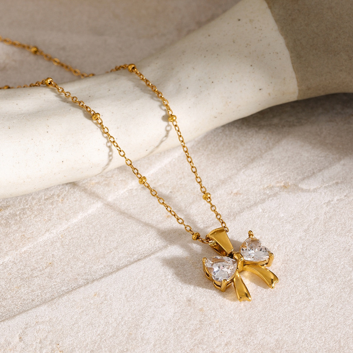 Stainless Steel Inlaid Zircon Bow Necklace Childrens