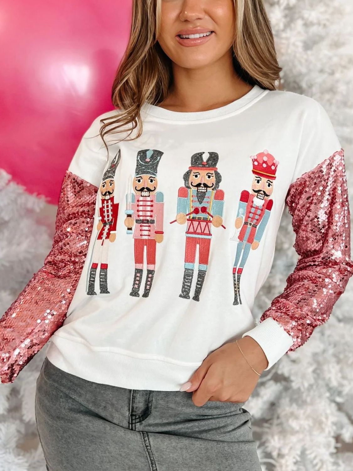 Nutcrackers - Basic Bae Full Size Ribbed Round Neck Long Sleeve Slit Top