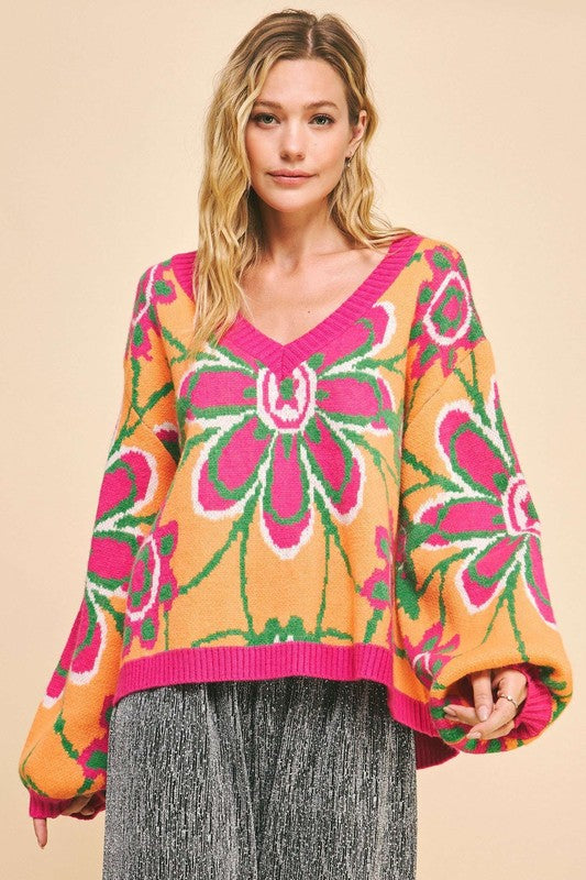 Davi & Dani Floral Contrast V-Neck Dropped Shoulder Sweater tt