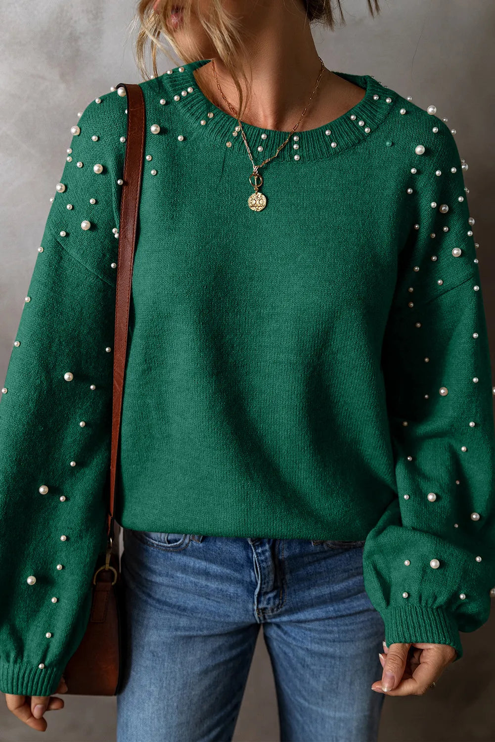Pearl Detail Round Neck Long Sleeve Sweater Dark Green nt