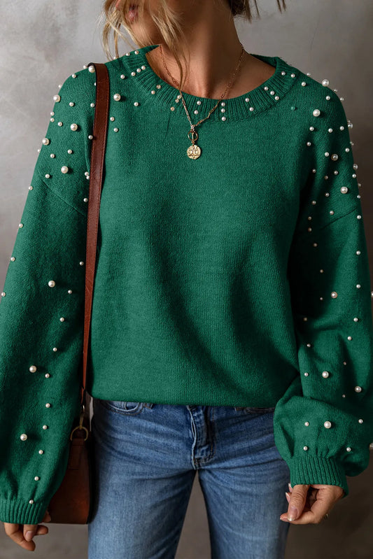 Pearl Detail Round Neck Long Sleeve Sweater Dark Green nt