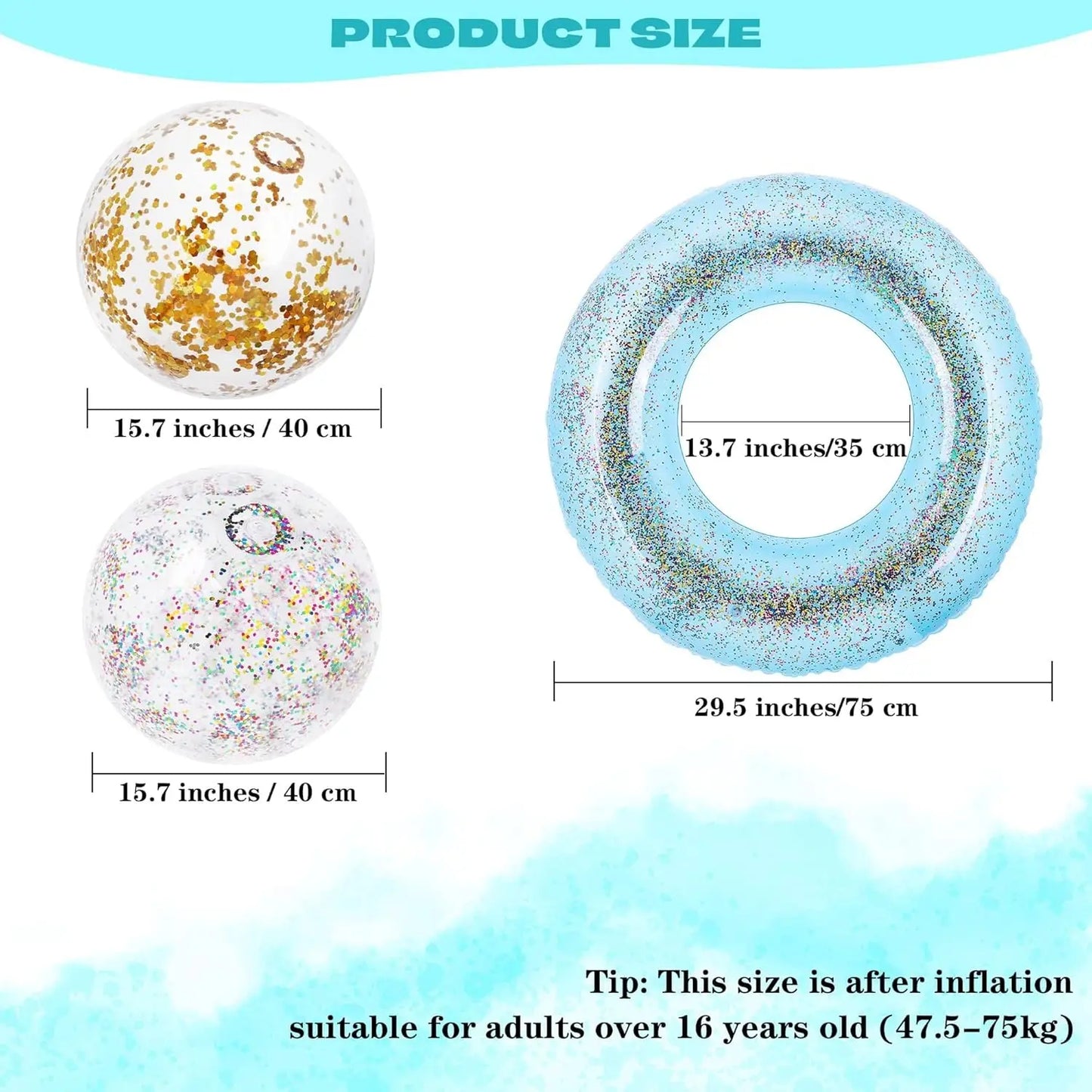 8 Pack Inflatable Glitters Pool Float Beach Balls Set 35 Inch Large Swim Ring Flotation Pool Floats Toy Inflatable Transparent