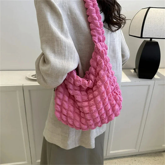 👜✨ Crossbody Bag With Pleated Design – 🧵 Embroidered Plaid Shoulder Bag 🎀 Large Capacity Quilted Tote Bags for Women 💖ps/tt