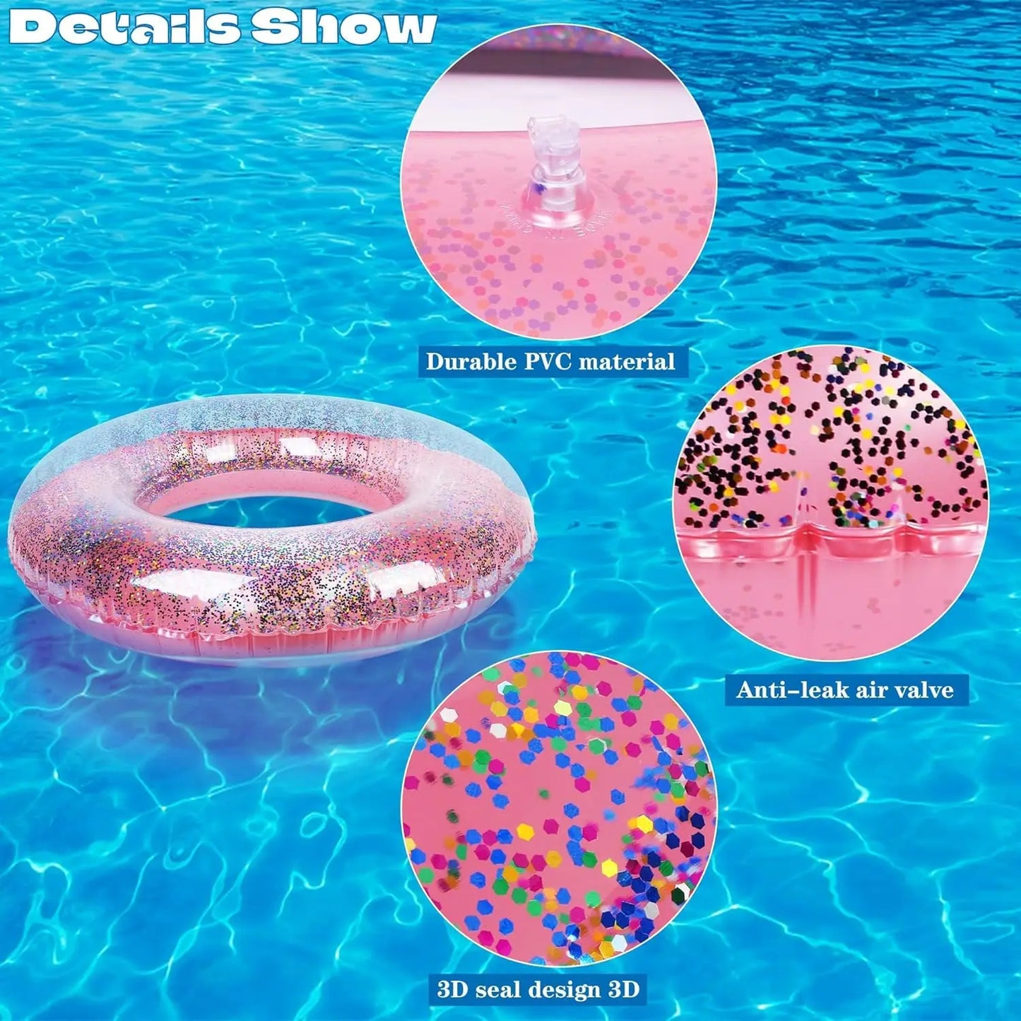 8 Pack Inflatable Glitters Pool Float Beach Balls Set 35 Inch Large Swim Ring Flotation Pool Floats Toy Inflatable Transparent