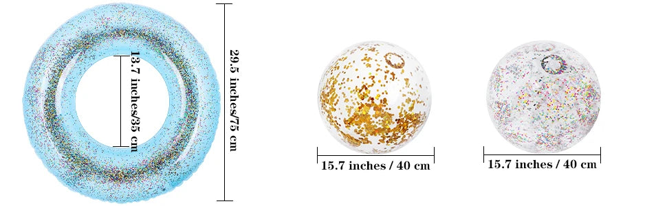 8 Pack Inflatable Glitters Pool Float Beach Balls Set 35 Inch Large Swim Ring Flotation Pool Floats Toy Inflatable Transparent