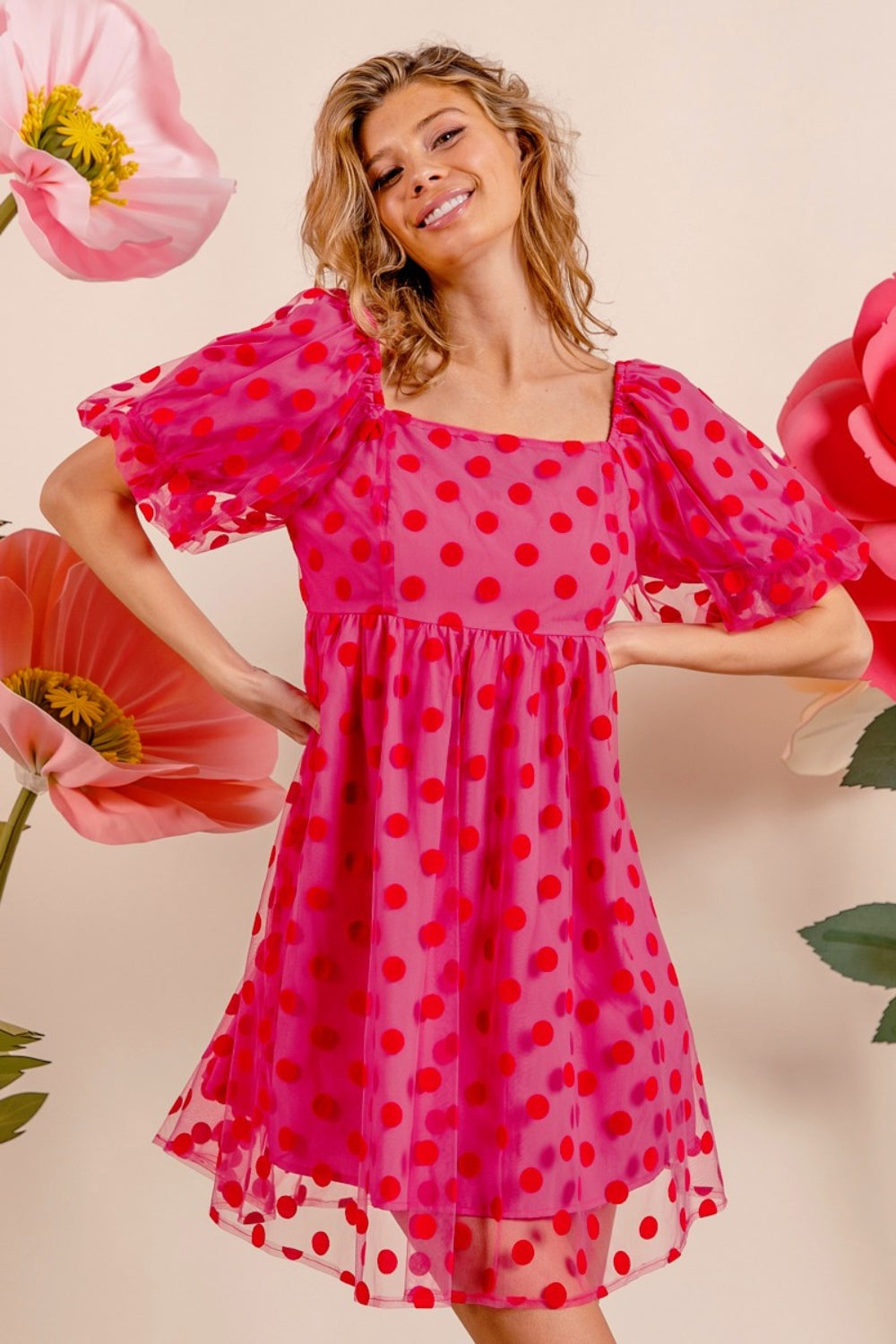 BiBi Polka Dot Mesh Puff Sleeve Dress tt