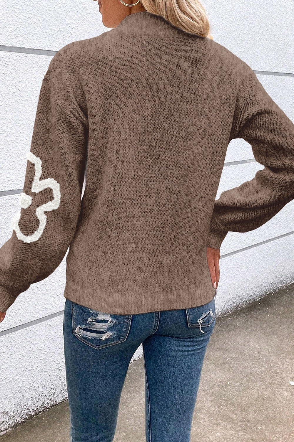 Flower Half Zip Dropped Shoulder Sweater nt