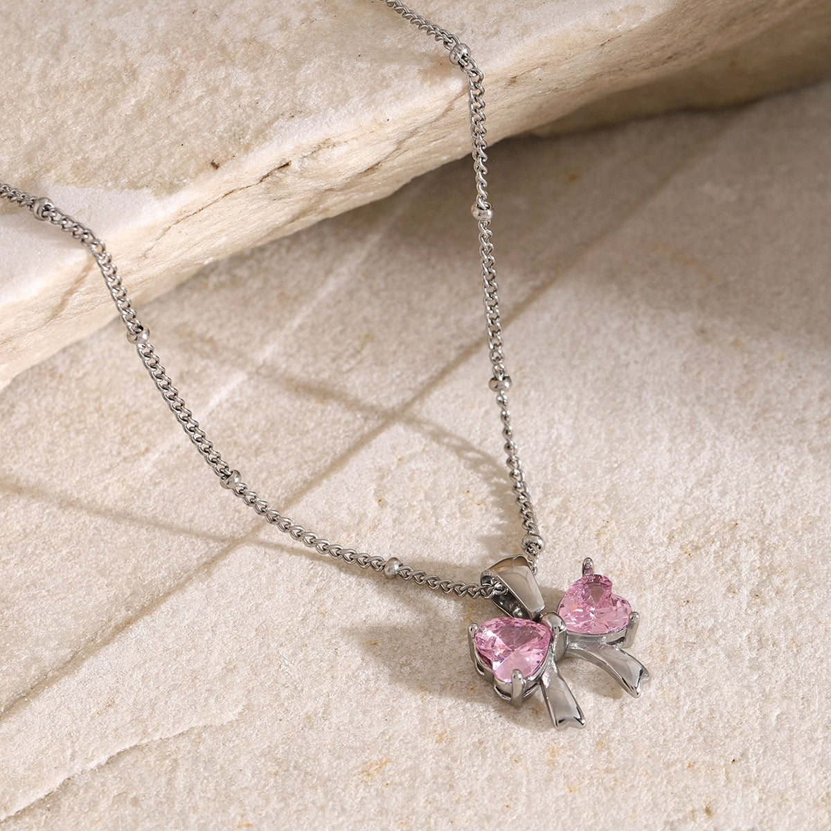 Stainless Steel Inlaid Zircon Bow Necklace Childrens