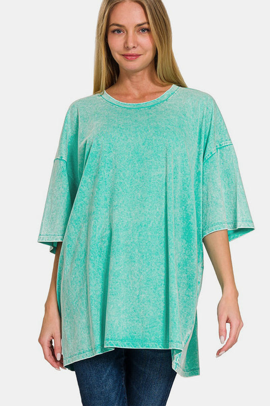 Zenana Full Size Washed Round Neck Drop Shoulder Oversized T-Shirt tt