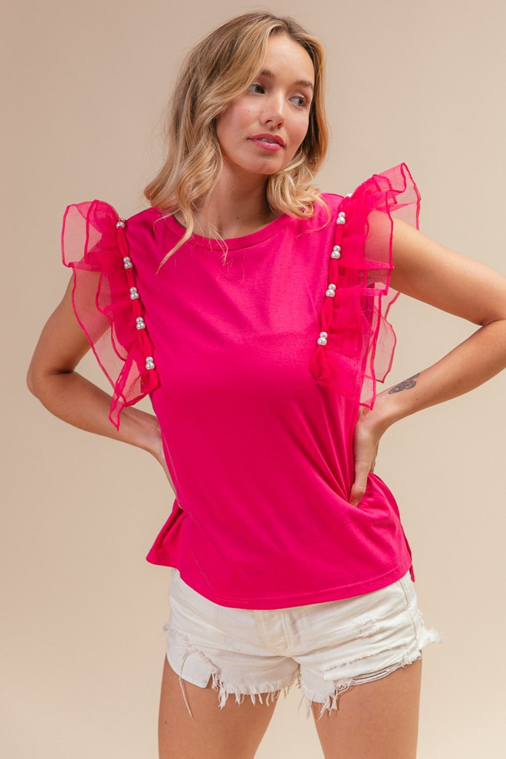 BiBi Pearl Decor Mesh Ruffle Sleeve Top nt
