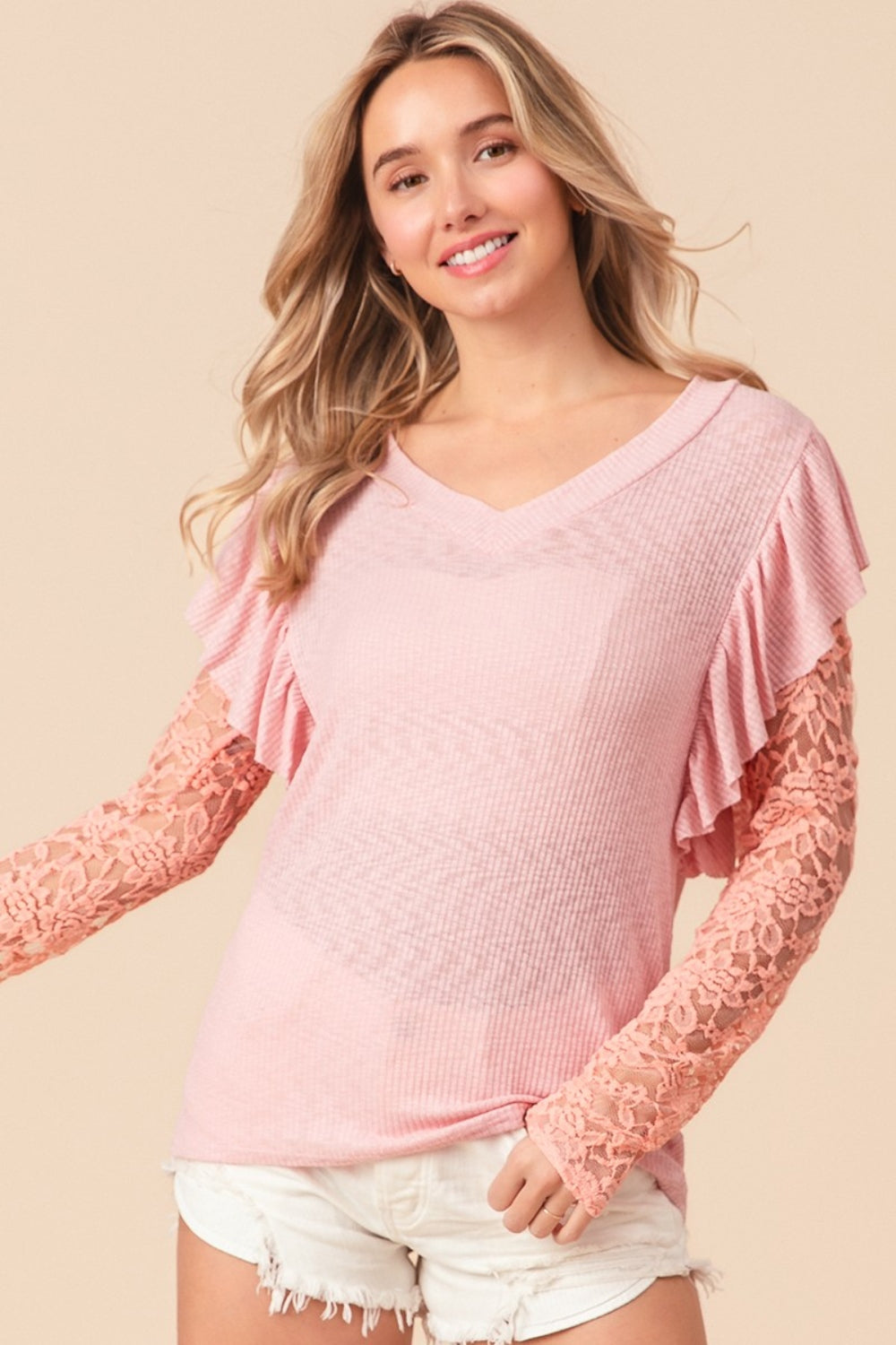 BiBi Ruffled Lace Sleeve Rib Knit Top tt