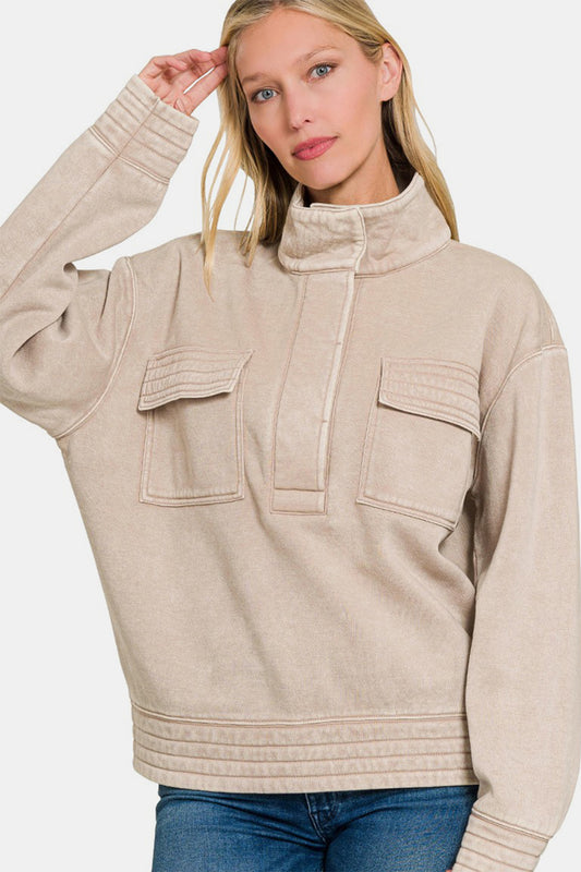Zenana Acid Washed Half Snap Fleece Sweatshirt tt