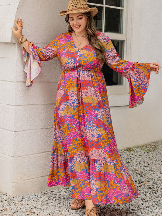 Plus Size Printed V-Neck Long Sleeve Maxi Dress nt