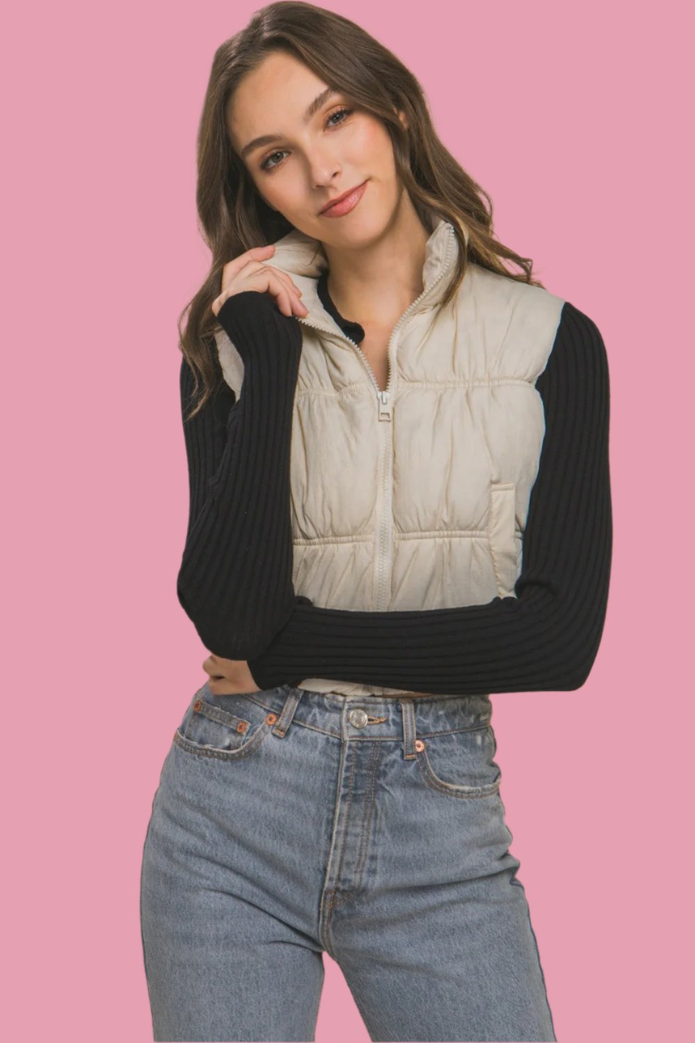 Love Tree Zip Up Turtleneck Cropped Vest Coat tt