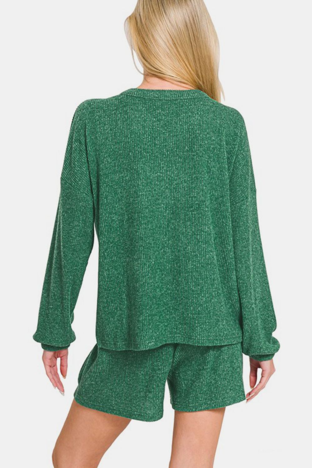 Zenana V-Neck Long Sleeve Ribbed Top and Shorts Set tt
