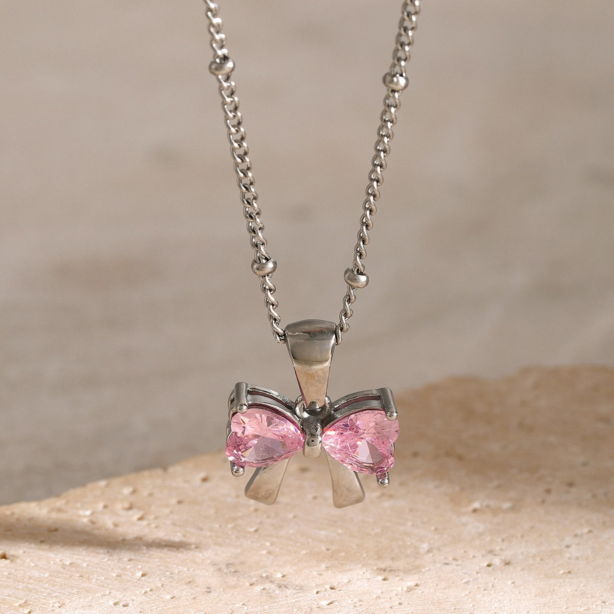 Stainless Steel Inlaid Zircon Bow Necklace Childrens