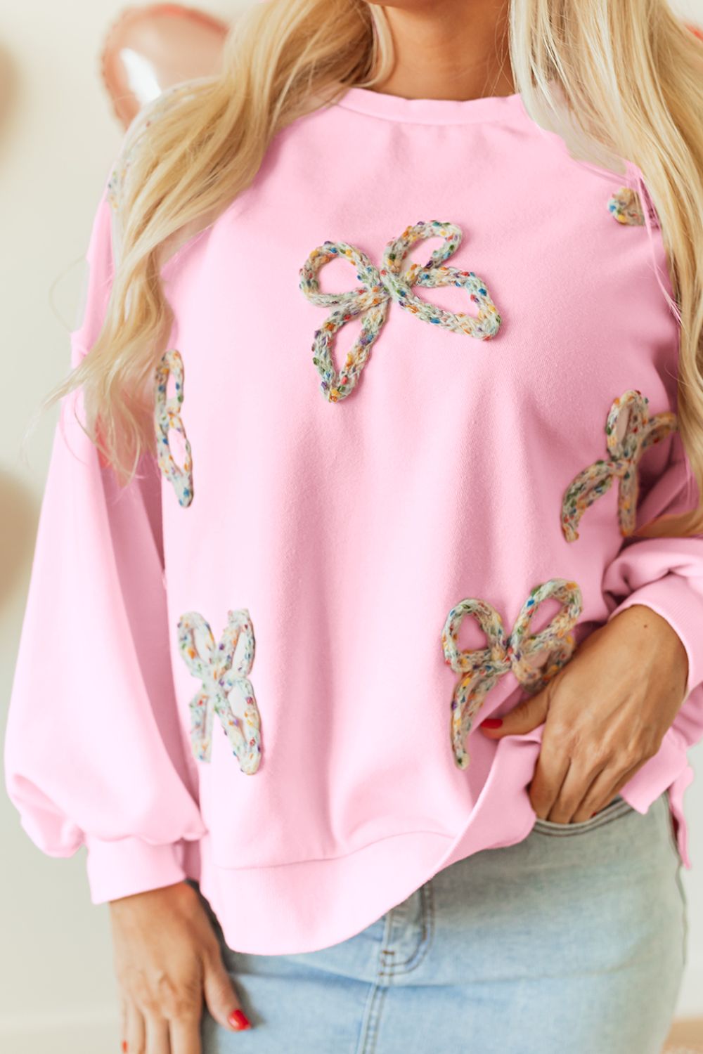 Bow Round Neck Long Sleeve Sweatshirt nt