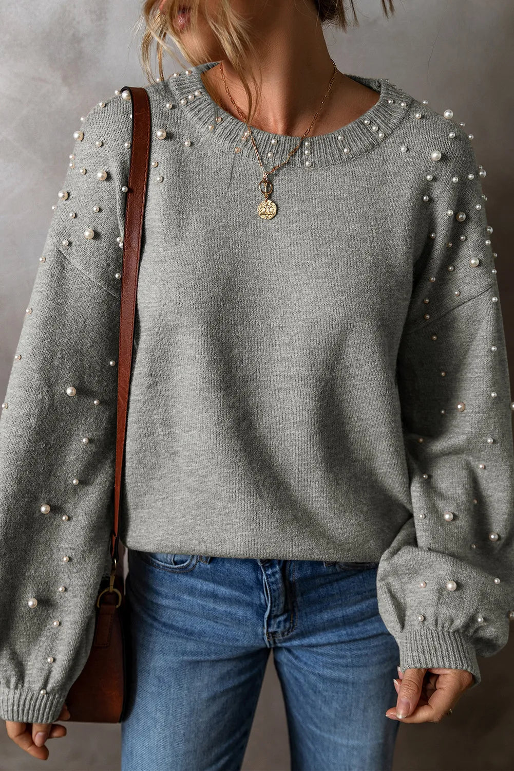 Pearl Detail Round Neck Long Sleeve Sweater Gray nt