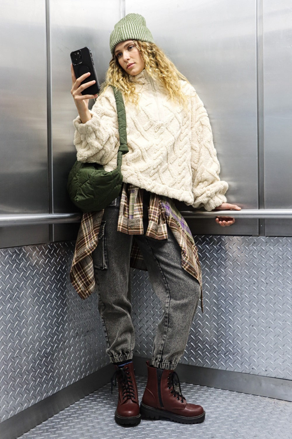 VERY J Fuzzy Fleece Half Zip Cable Pattern Sweatshirt tt