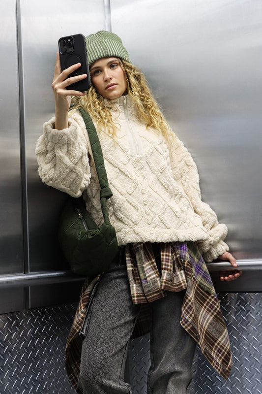 VERY J Fuzzy Fleece Half Zip Cable Pattern Sweatshirt tt