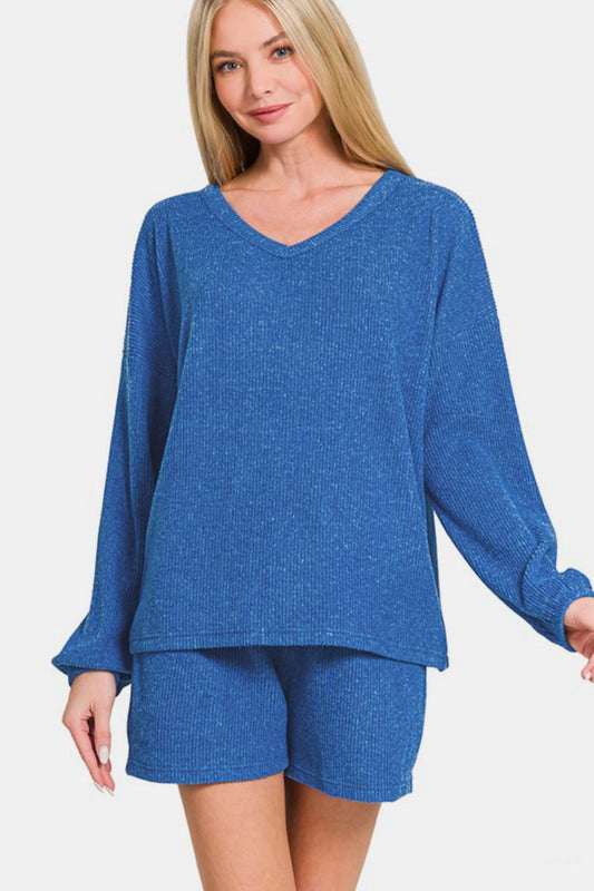 Zenana V-Neck Long Sleeve Ribbed Top and Shorts Set tt