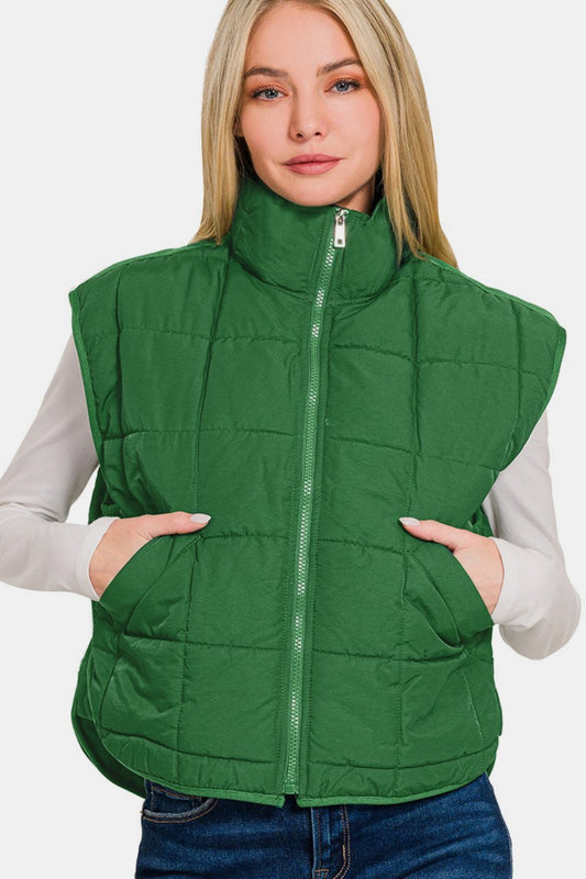 Zenana Zip Up Cropped Puffer Vest with Pockets tt
