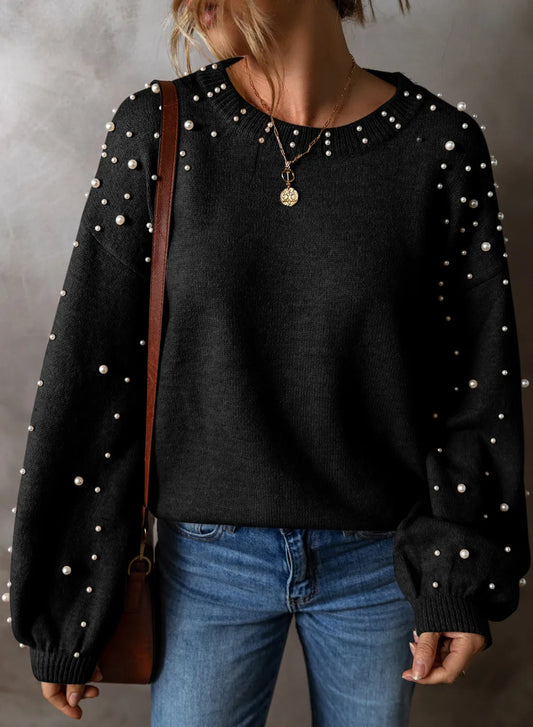 Pearl Detail Round Neck Long Sleeve Sweater - Black nt