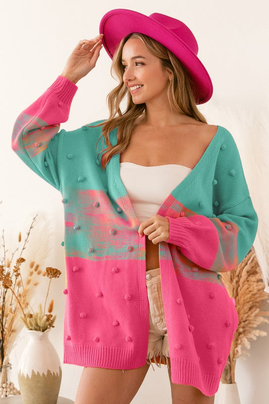 BiBi Color Block Ponpon Sweater Cardigan tt