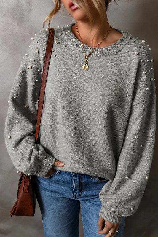 Pearl Detail Round Neck Long Sleeve Sweater Gray nt