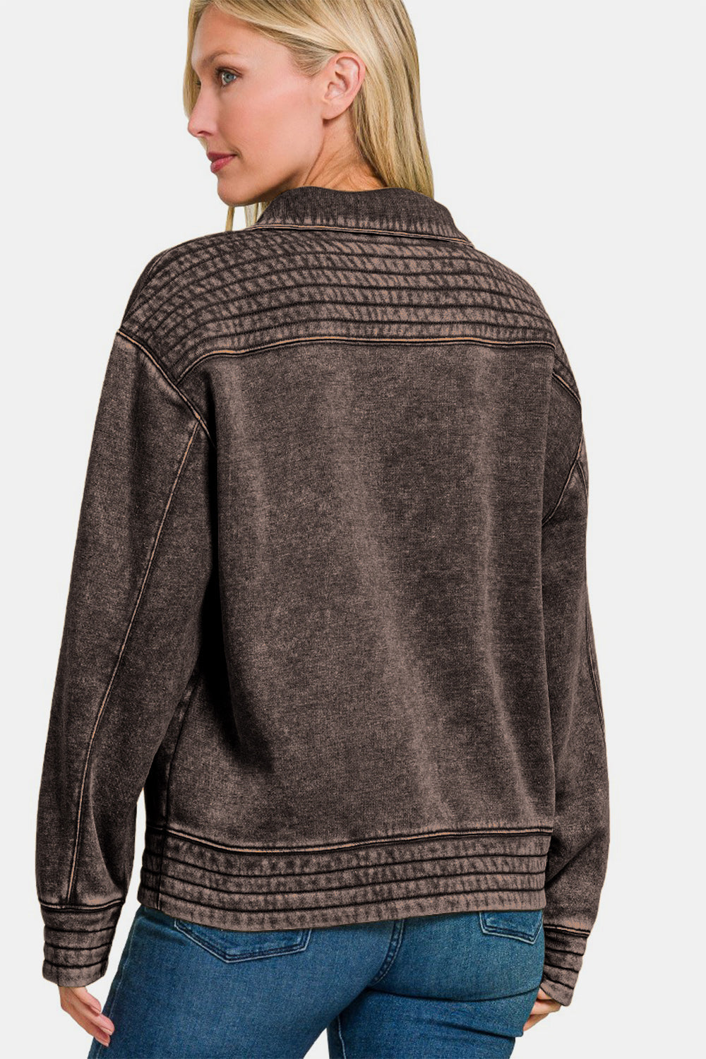 Zenana Acid Washed Half Snap Fleece Sweatshirt tt