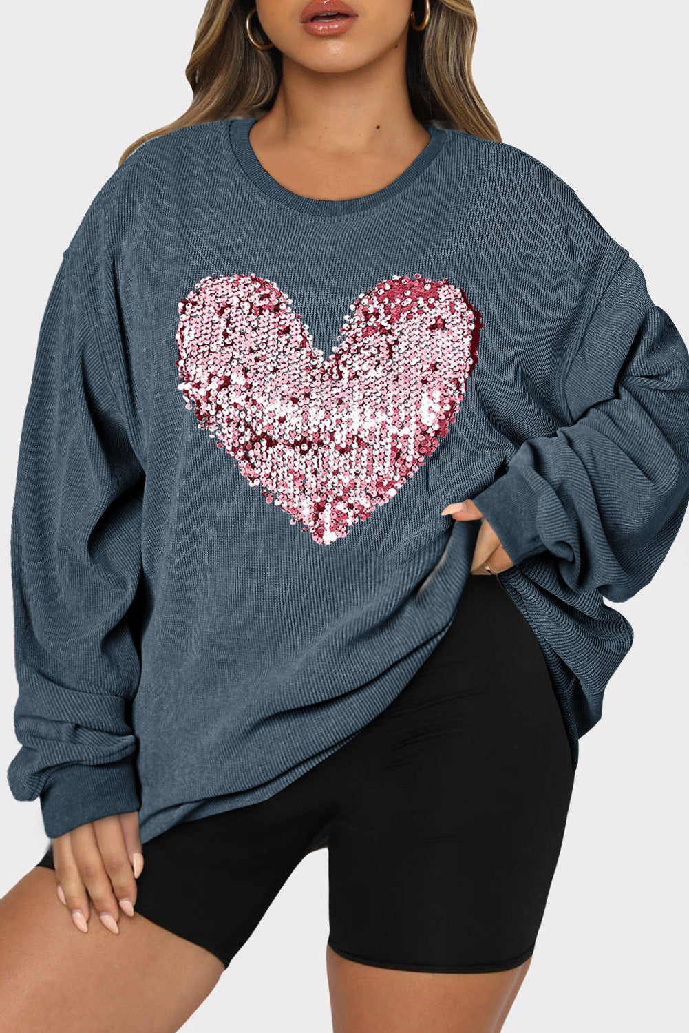 Plus Size Heart Sequin Teal Round Neck Sweatshirt