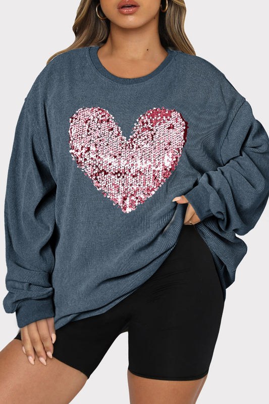 Plus Size Heart Sequin Teal Round Neck Sweatshirt