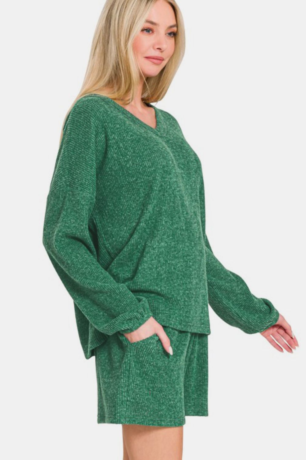 Zenana V-Neck Long Sleeve Ribbed Top and Shorts Set tt