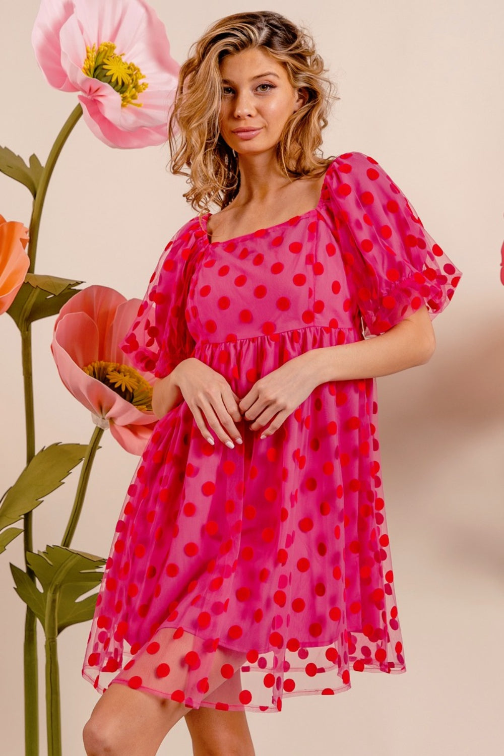BiBi Polka Dot Mesh Puff Sleeve Dress tt
