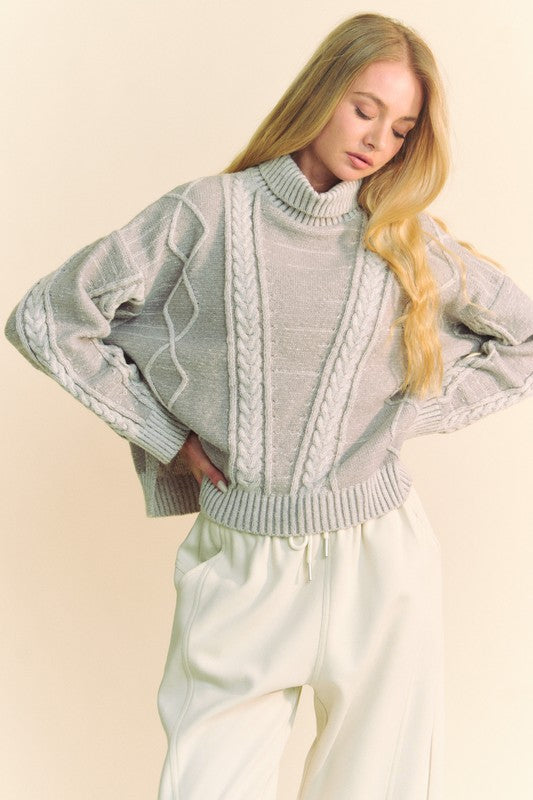 Davi & Dani Cable-Knit Turtleneck Dropped Shoulder Sweater tt