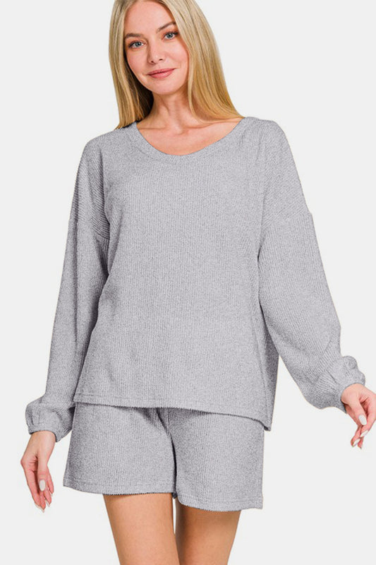 Zenana V-Neck Long Sleeve Ribbed Top and Shorts Set tt