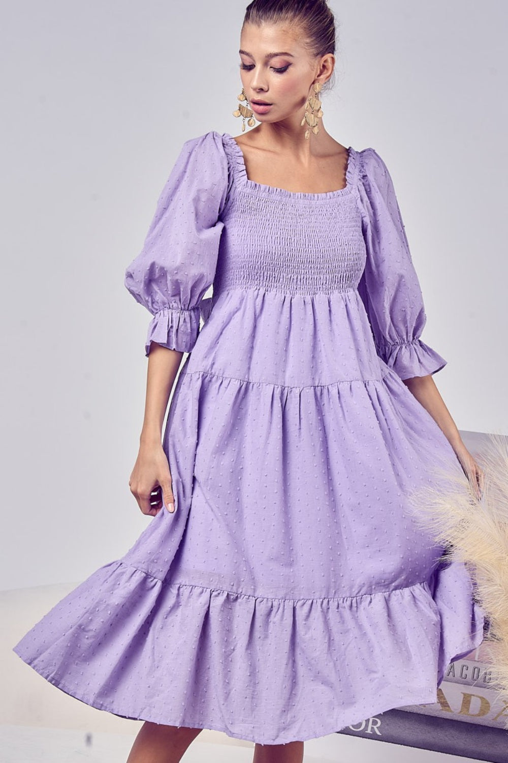 BiBi Swiss Dot Flounce Sleeve Smocked Tiered Midi Dress tt