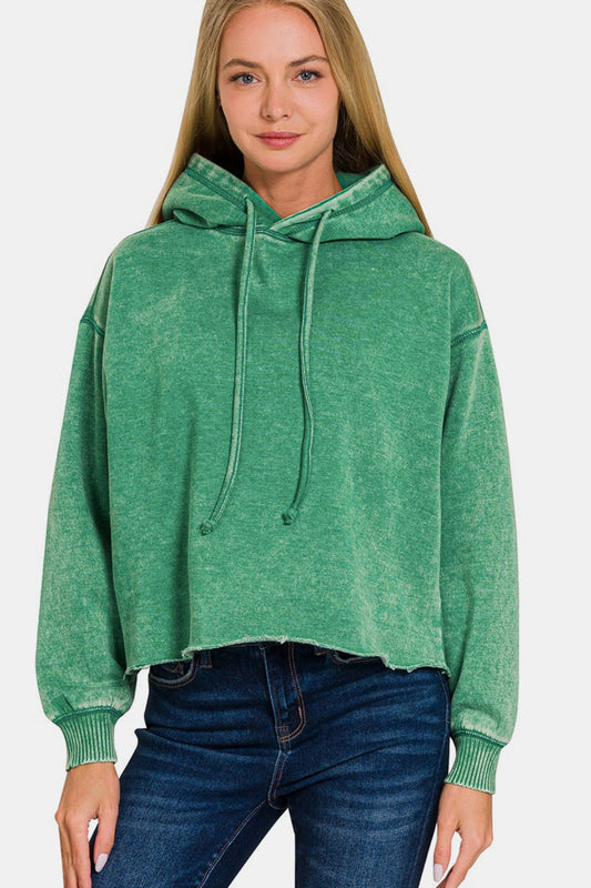 Zenana Acid Wash Fleece Cropped Hoodie tt