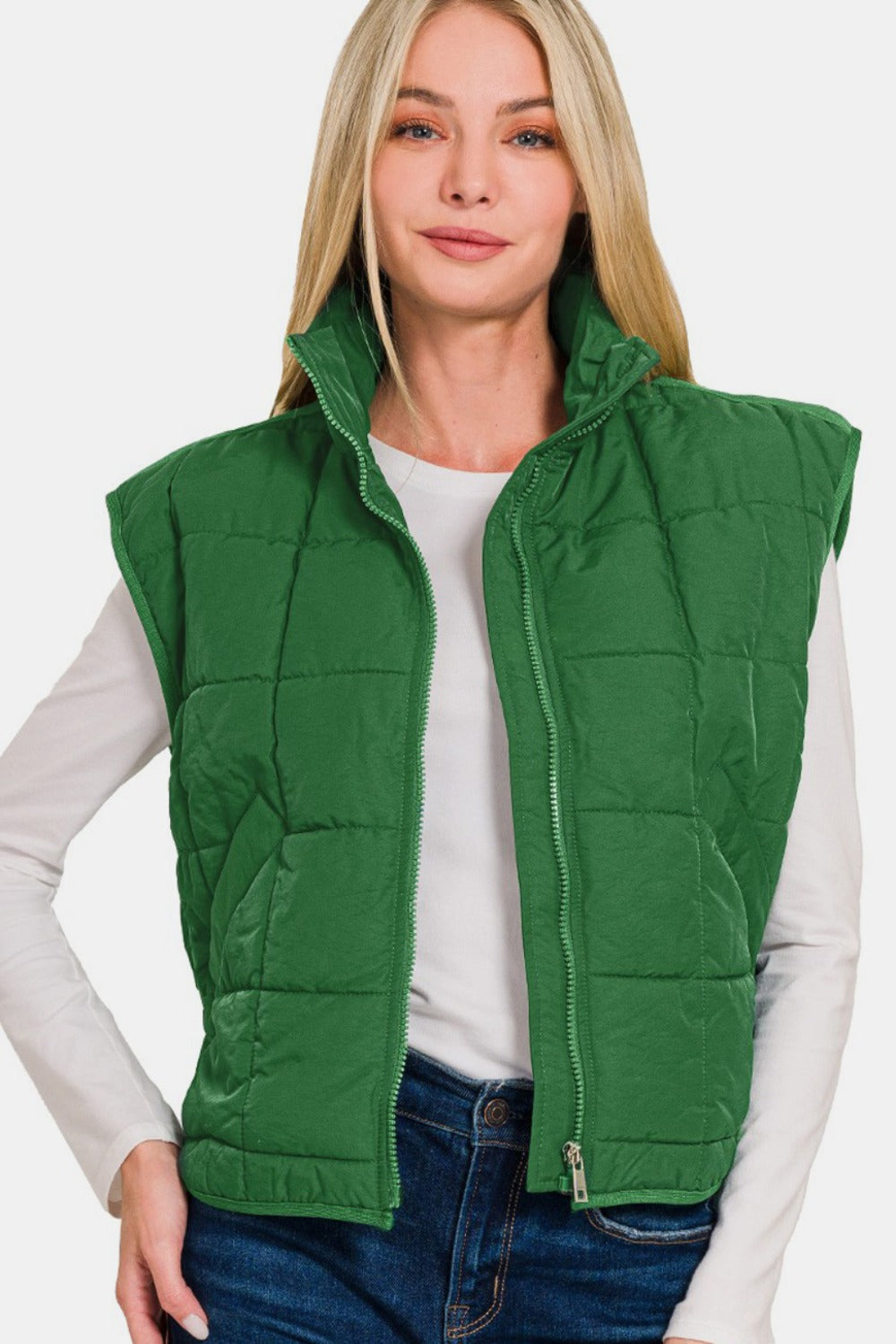 Zenana Zip Up Cropped Puffer Vest with Pockets tt